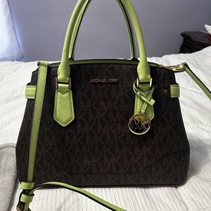 Michael Kors Brown and Green Trapezoidal Tote